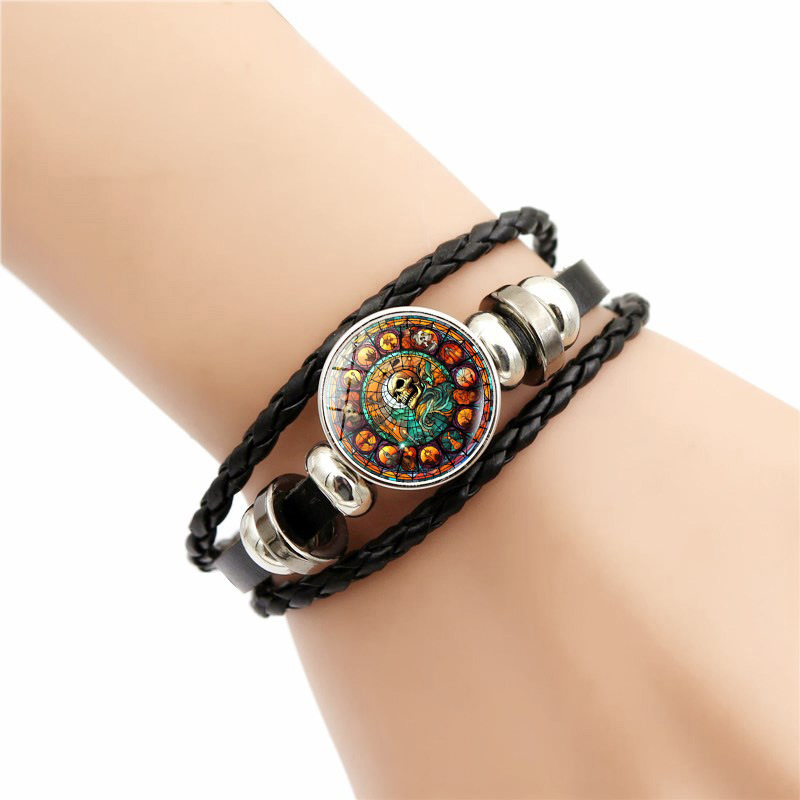 Pulseira de couro em torno do castelo de Halloween, corda de mão com contas de tecelagem masculina, festival fantasma, joias de cabeça de caveira_voghion.com