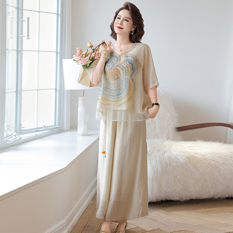 Middle-Aged Mom's Summer Linen Set, Chinese Style Loose T-Shirt Top, Stylish Pants and Skirt Two-Piece Set for Middle-Aged and Elderly Women