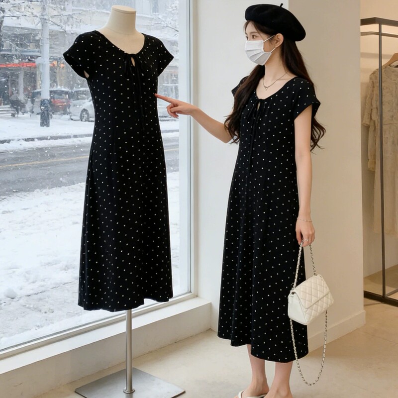 Maternity Skirt, Summer Dress, Large Size Loose A-Line Skirt, Slimming Polka Dot Long Skirt, Conceals Belly Without Revealing Pregnancy, Maternity Dress