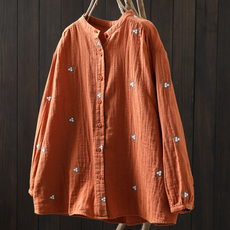 Artistic Embroidered Floral Cotton Long Sleeve Shirt for Women Spring Fresh Casual Versatile Stand Collar Shirt