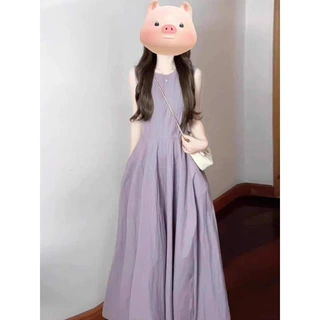 紫色无袖背心连衣裙子女夏季法式轻熟小众不撞款长裙