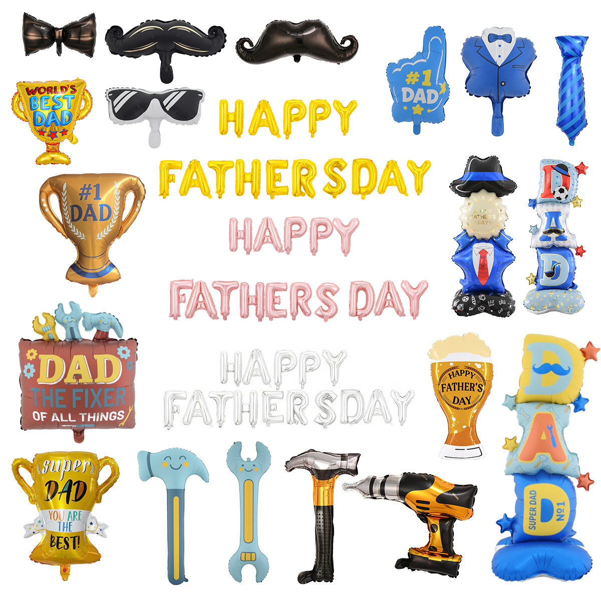 Kit de Globos de Aluminio para el Día del Padre con Letras, Decoración con Tema de Herramientas (Taladro, Martillo, Barba Negra)
