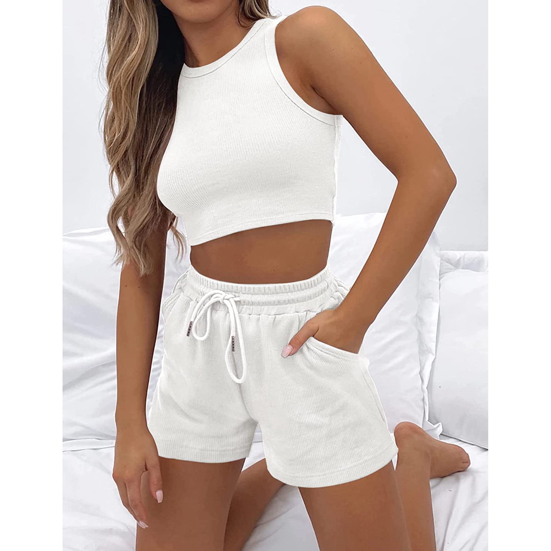 Conjunto de 2 peças feminino colete sem mangas e calça waffle_voghion.com