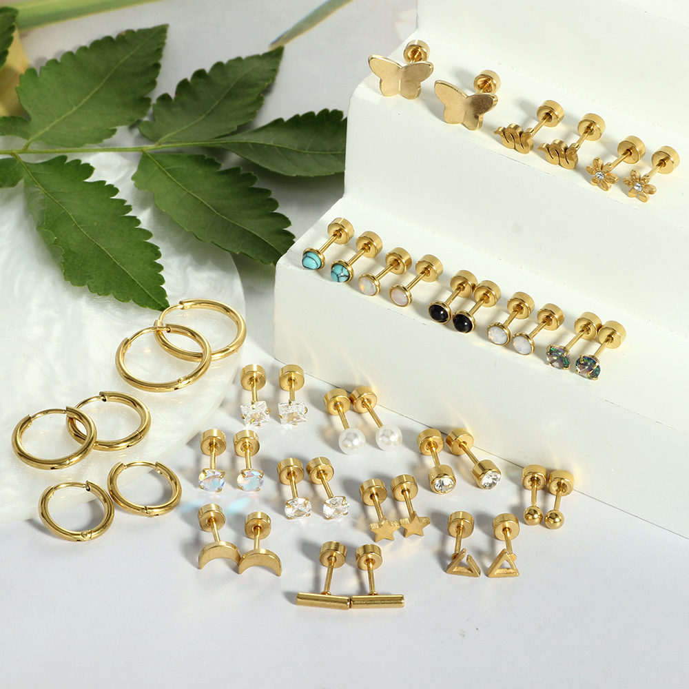 21 Pairs Aobao Pine Stone Stainless Steel Earrings Set - Human Body Piercing Ear Bone Nail Kit, Silver detail image 7