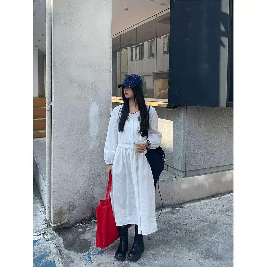 黄峥温柔风法式茶歇长袖连衣裙女2025春季韩收腰中长裙H1FA510176