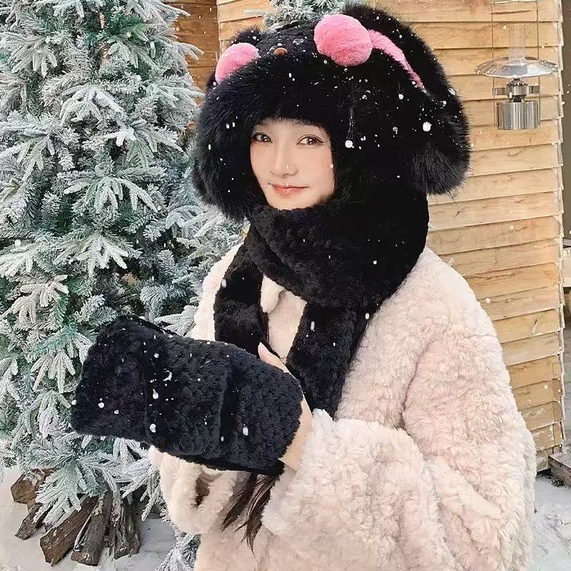可爱腮红兔子帽子围巾少女学生冬连帽围脖骑行护耳防寒套头毛绒帽|undefined