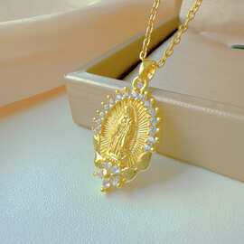 跨境宗教几何铜镀真金圣母玛利亚铜镶锆石项链潮流时尚饰品批发