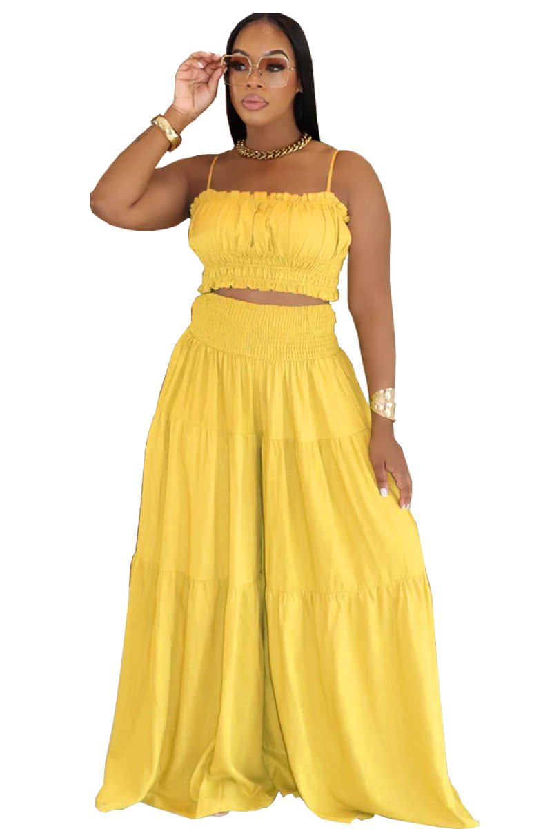 Women's Clothing Fashion Solid Color Suspender Top Plus Loose Wide Leg Pants Two Piece Set_voghion.com