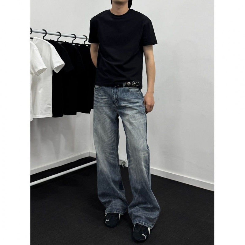 American Retro Striped Whiskered Washed Blue Jeans for Men, Spring Season, Height-Enhancing, Slimming, Loose Wide-Leg Casual Pants American Retro Striped Whiskered Washed Blue Jeans for Men, Spring Season, Height-Enhancing, Slimming, Loose Wide-Leg Casual Pants