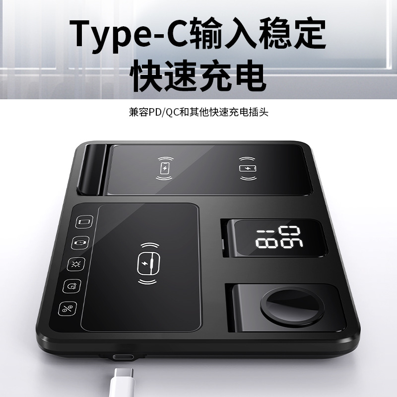 Pantalla táctil completa, elevación automática, soporte para teléfono móvil, cargador multifunción, auricular, reloj, reloj, luz nocturna, cargador inalámbrico