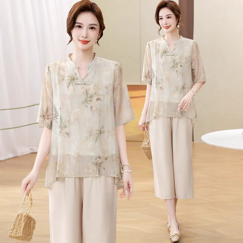 Одежда для мамы, лето 2025, новый стиль, футболка с короткими рукавами в китайском стиле, свободный женский костюм большого размера среднего и пожилого возраста, новый китайский стиль, костюм из хлопка и льна