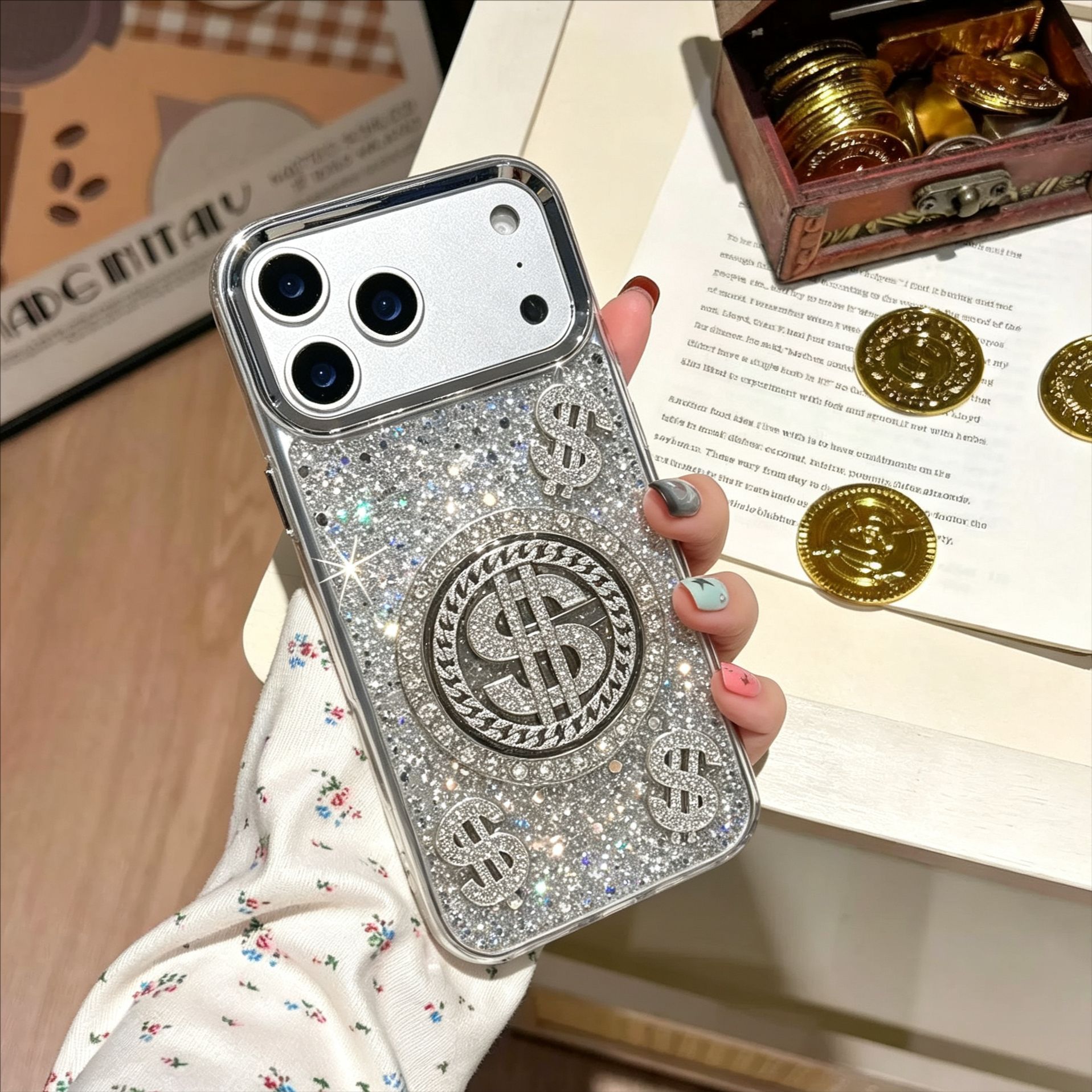 适用苹果18promax手机壳iphone17滴胶闪粉转盘美元发财16pro新款X - 7