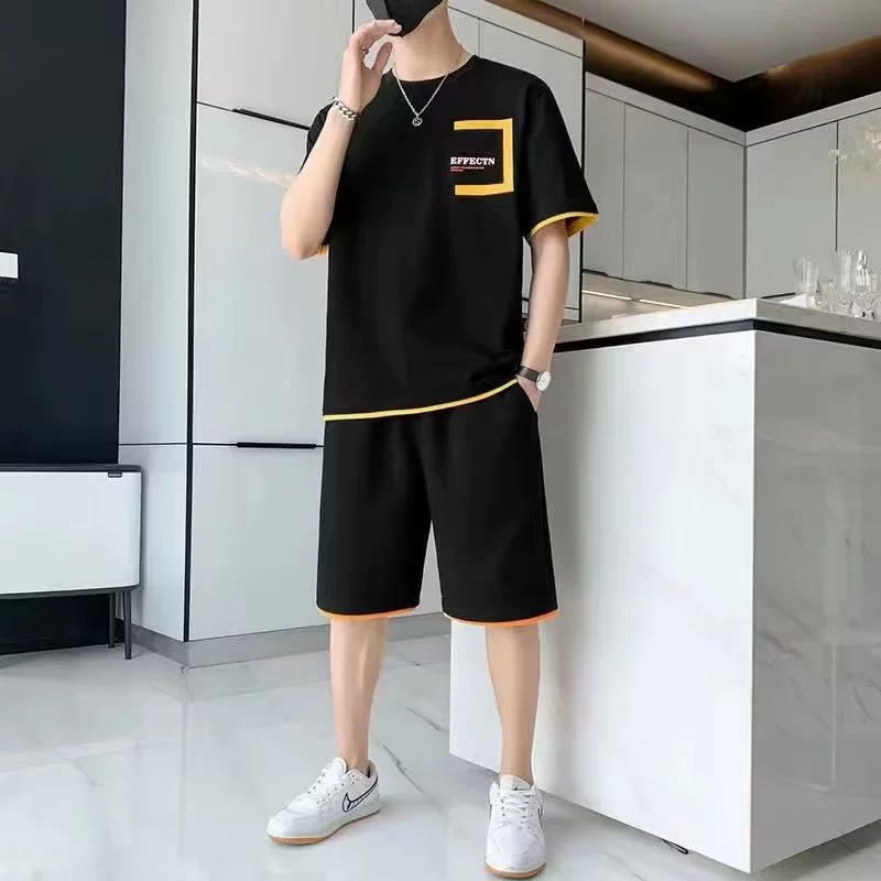 Футболка с короткими рукавами, мужской костюм, летний модный бренд, свободный спортивный досуг, ледяной шелк, дышащий комплект мужской одежды, красивый