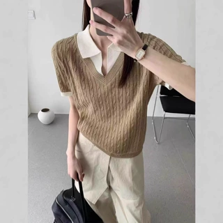老钱风~莱赛尔天丝短袖女麻花翻领假两件上衣女夏新款撞色v领小衫