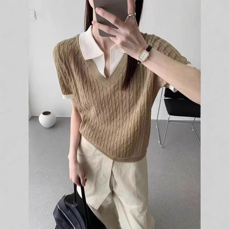 Old Money Style~ Lyocell Tencel Short-Sleeve Women's Cable Knit Turn-Down Collar Faux Two-Piece Top, New Summer Style with Contrasting Color V-Neck Blouse