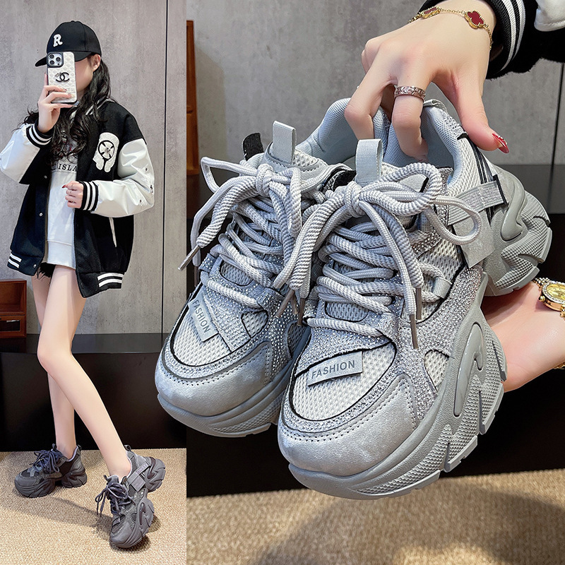 Thick-Soled Rhinestone Dad Shoes for Women 2026 Spring and Autumn New Versatile Fashion Casual Height-Increasing Sneakers Trendy Thick-Soled Rhinestone Dad Shoes for Women 2026 Spring and Autumn New Versatile Fashion Casual Height-Increasing Sneakers Trendy