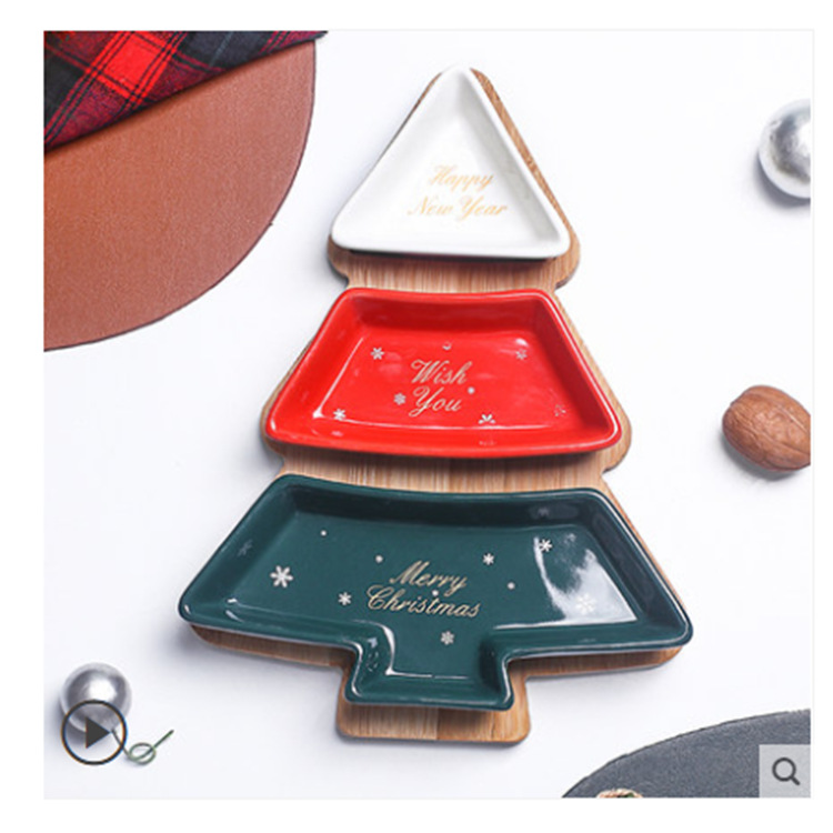 Plato de cerámica con forma de árbol de Navidad escandinavo para frutos secos, plato para refrigerios, vajilla creativa de estilo navideño, bandeja giratoria de madera.