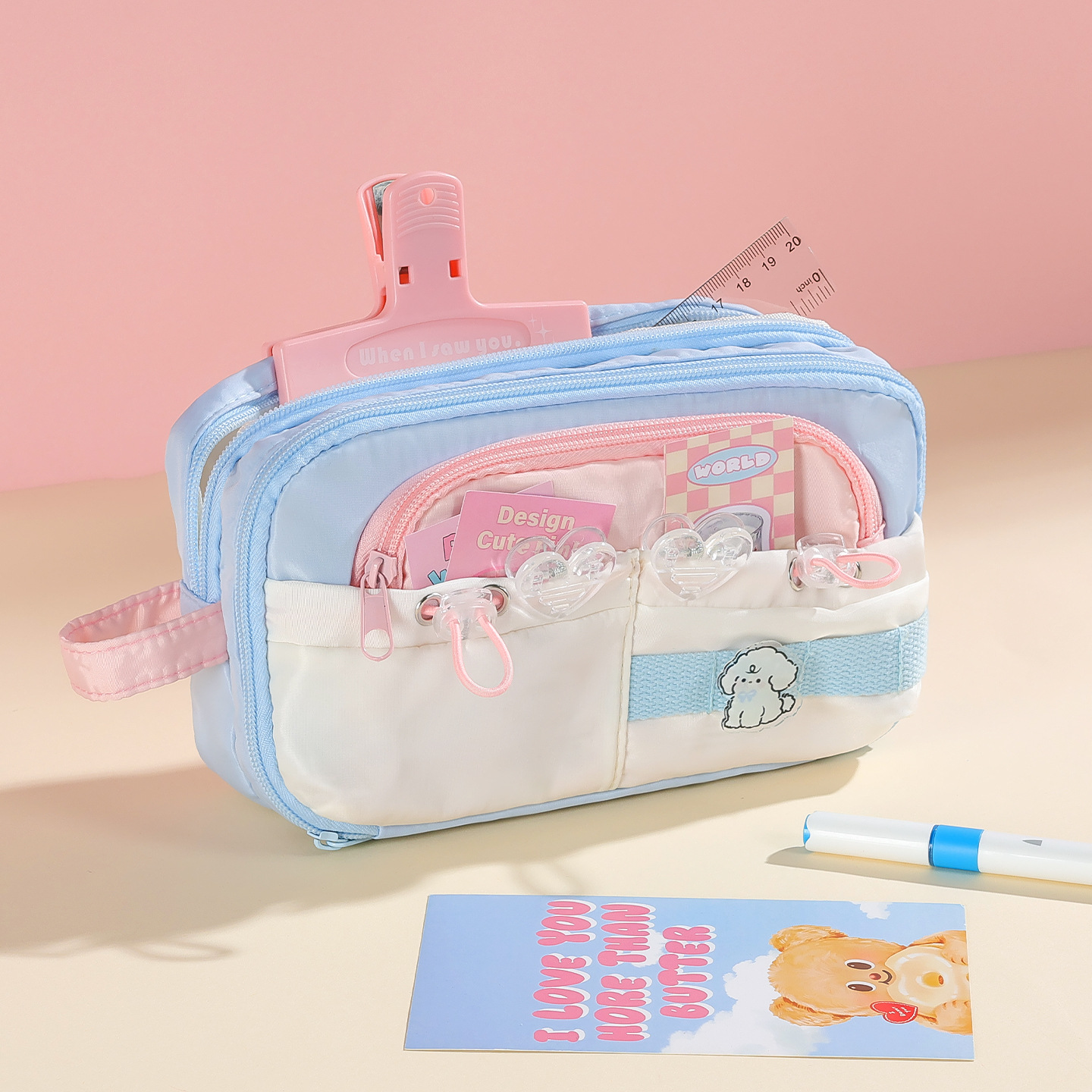 Bolsa de bolígrafo de gran capacidad de color, bolsas de papelería de almacenamiento multicapa multifuncional de alto valor visual