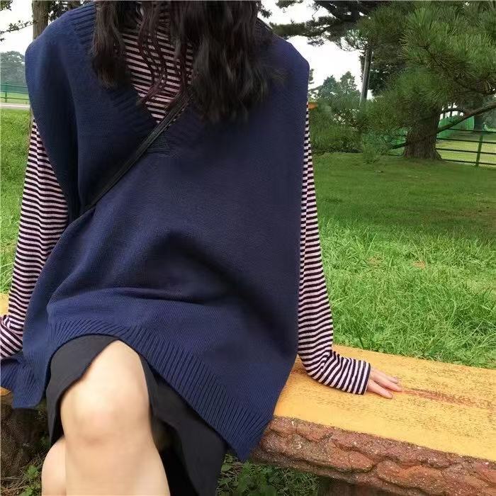 2025早春の韓国版vネックのオープンフォークニットのベスト女性のゆったりとした純色が見えます。|undefined