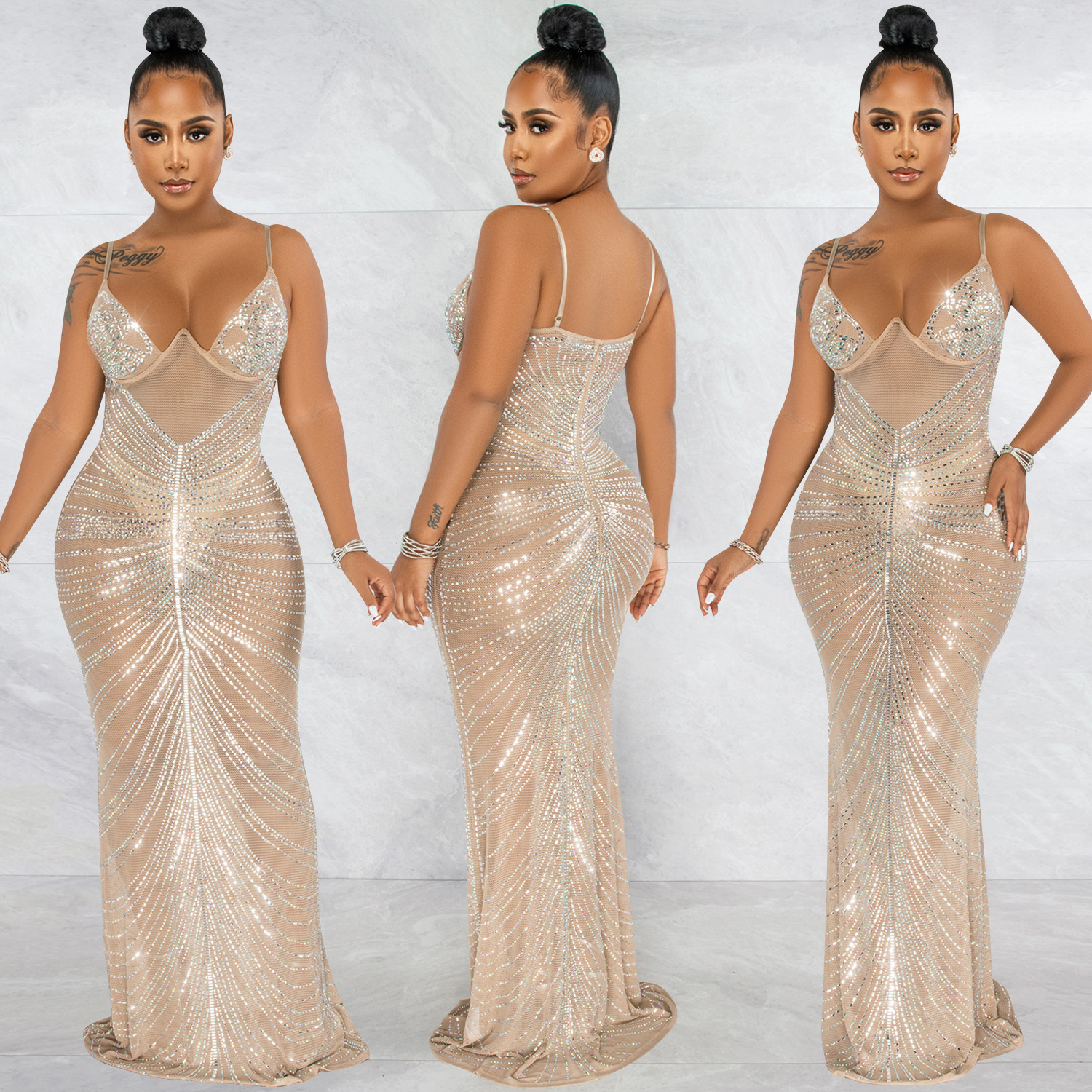 Hot Rhinestone Sling Wrapped Breast Mesh Perspective Prom Dress NSXYZ110907