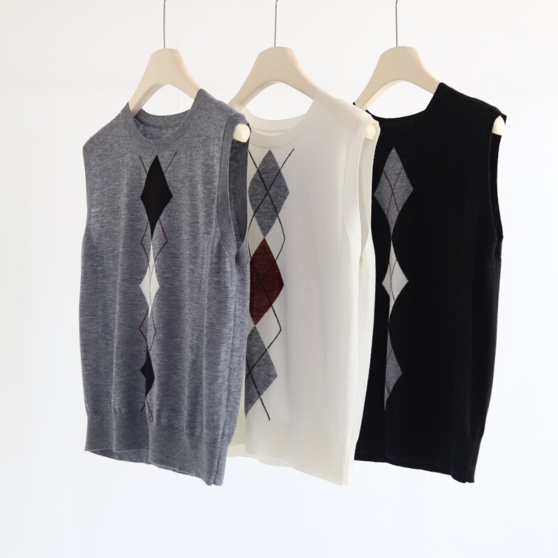 American Style Retro Rhombic Crewneck Sleeveless Sweater 16 Pin 33 Fine Wool Blended Vest Stacked Top