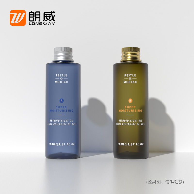 Langwei 150ml hombro plano plata botella de tapa de aluminio botella de plástico cosmético sub-embalaje puro botella de rocío PET botella de tapa de aluminio