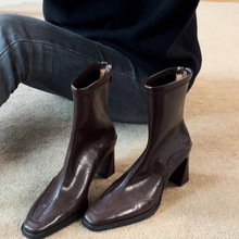 PU面料尖头细跟瘦瘦靴2025新款秋季女鞋低筒百搭简约商务通勤短靴