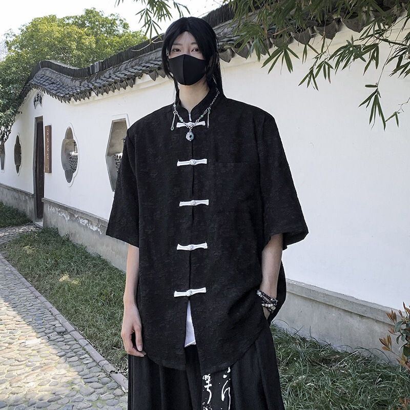 New Chinese-Style Men's Clothing Acetate Satin Shirt Men's Short-Sleeved Stand-Up Collar Hanfu Tang Suit Three-Quarter Sleeve Shirt