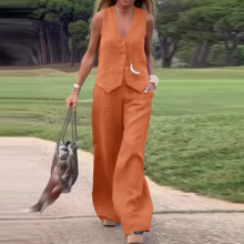 欧美女装跨境2025新款时尚纯色套装马甲长裤拼贴拼接休闲两件套女