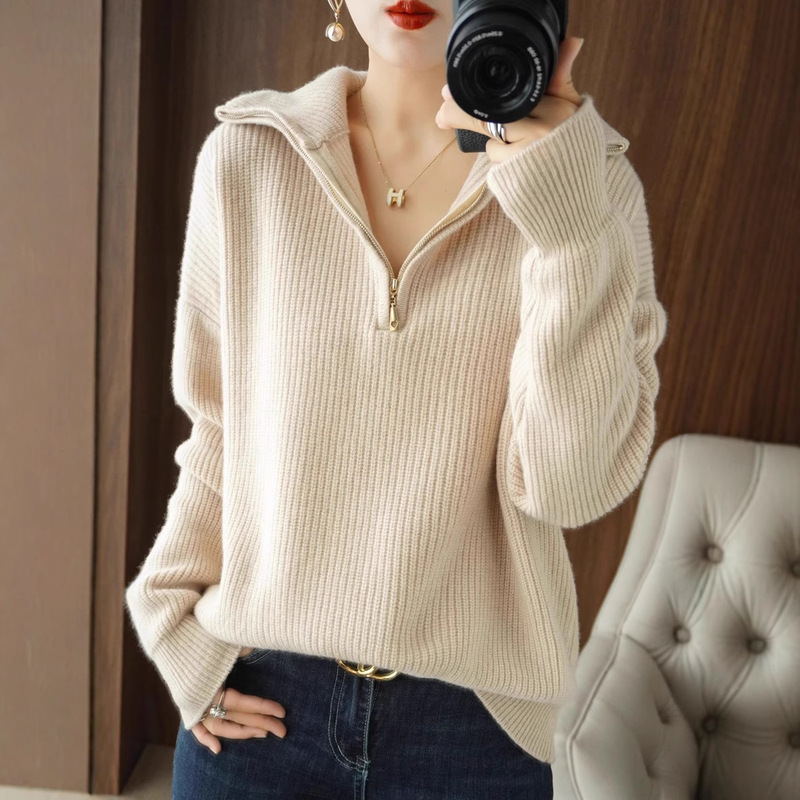 Cross-Border Autumn and Winter Half-Zip High-Neck Wool Knit Sweater for Women, Loose Pullover Base Layer, Simple and Lazy Style Sweater