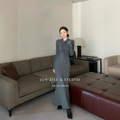 高級感のある秋の婦人服セット、エレガントな淑女風デザイン、紐付き長袖トップスとマーメイドスカート