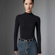 无缝一体100%精纺澳羊毛半高领针织打底衫 修身显瘦坑条毛衣上衣