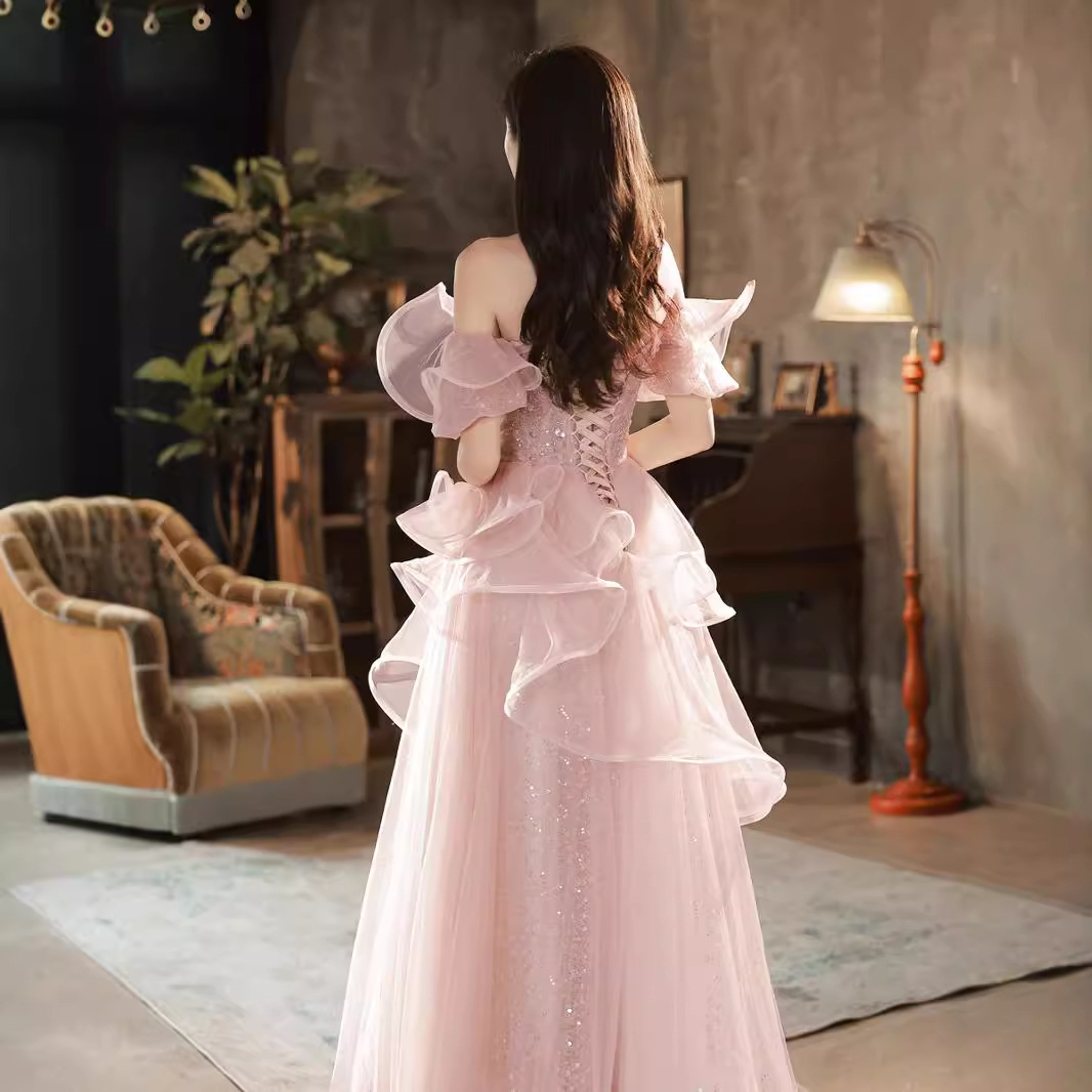 Vestido de noche estilo francés para mujer, nuevo modelo 2026, elegante estilo socialité, para presentaciones, exámenes de arte, súper elegante, color rosa hada, para banquetes de compromiso