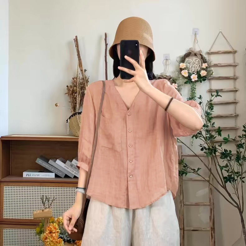 Literary Retro Elegant Three-Quarter Sleeve V Neck Shirt for Women 2025 Summer Mom Fashion Casual Versatile Pure Color Top