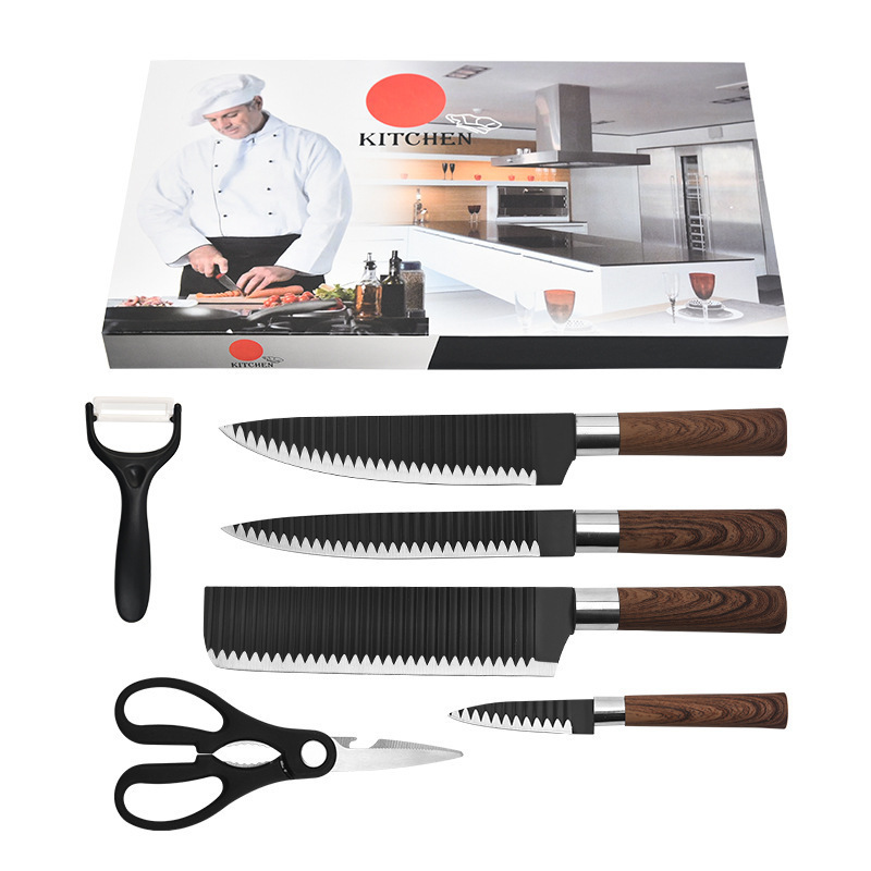 En stock suministro de pintura en aerosol cuchillo cilindro mango de ángulo recto patrón de onda de seis piezas traje de cuchillos de acero inoxidable traje de negocios regalos