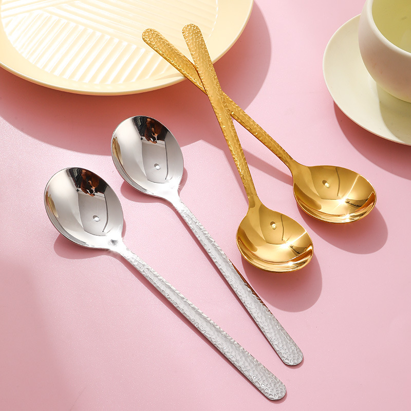 Stainless Steel Soup Dessert Spoon, Hammered Pattern, High Aesthetic Value Tableware, Long-handled Rice For Home Use,_voghion.com