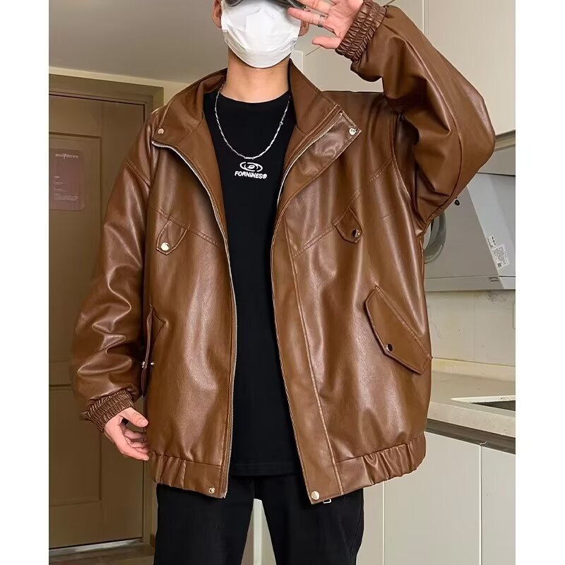 European and American Street Fashion Loose Bike Suit Leather Jacket Men's Fashionable Duffian Handsome High-Level Aviator PU Leather Jacket Coat