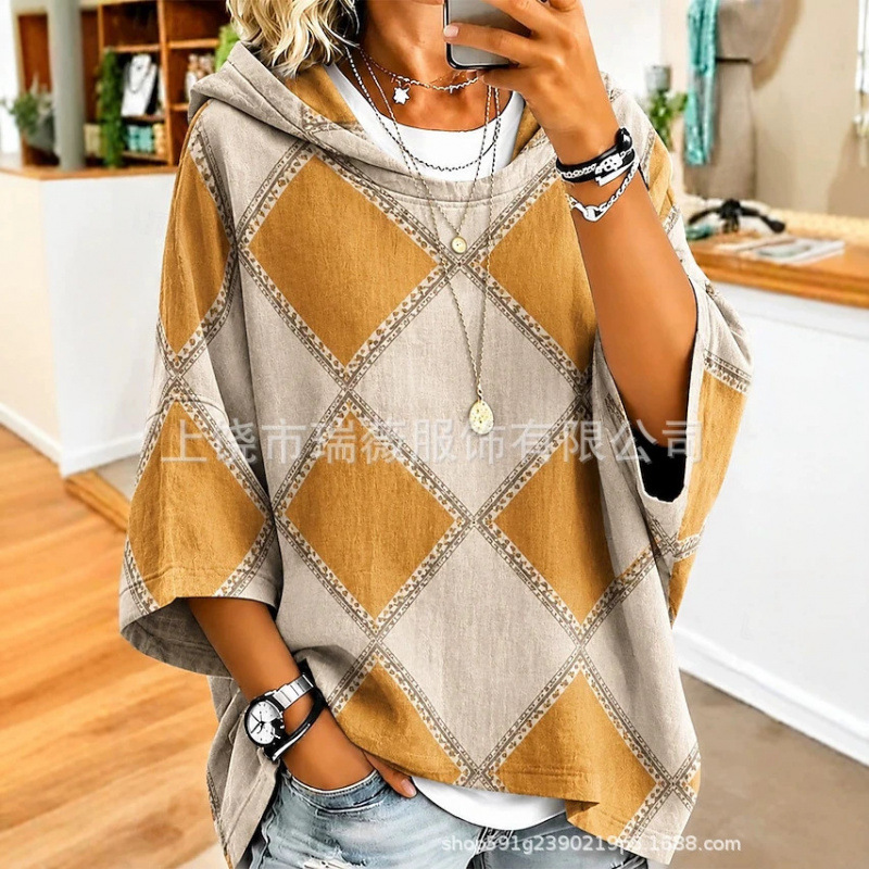Independent brand, cross-border, hooded, three-quarter sleeve, loose-fit, drop-shoulder, drawstring hoodie for women, featuring 3D prints, suitable for cross-border travel and vacation, fashionable women's clothing Independent brand, cross-border, hooded, three-quarter sleeve, loose-fit, drop-shoulder, drawstring hoodie for women, featuring 3D prints, suitable for cross-border travel and vacation, fashionable women's clothing