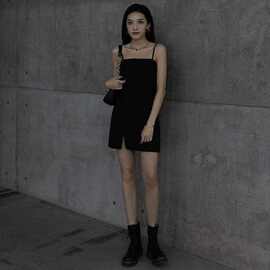 黑色开叉吊带裙子女夏法式性感a字吊带连衣裙