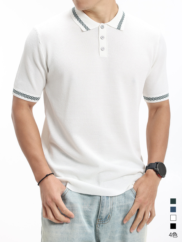 Hombres nuevo patrón de piña hielo jersey polo de punto de manga corta botón de solapa hombre sensación de alto grado de ropa casual de hombre verano