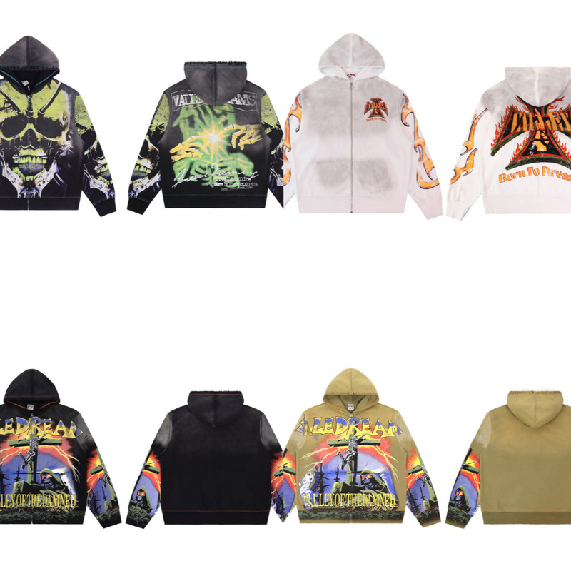 American-Style Cross-Border Trendy Brand Vale Forever Skull Print Vintage Hoodie Unisex Zip-Up Sweatshirt American-Style Cross-Border Trendy Brand Vale Forever Skull Print Vintage Hoodie Unisex Zip-Up Sweatshirt
