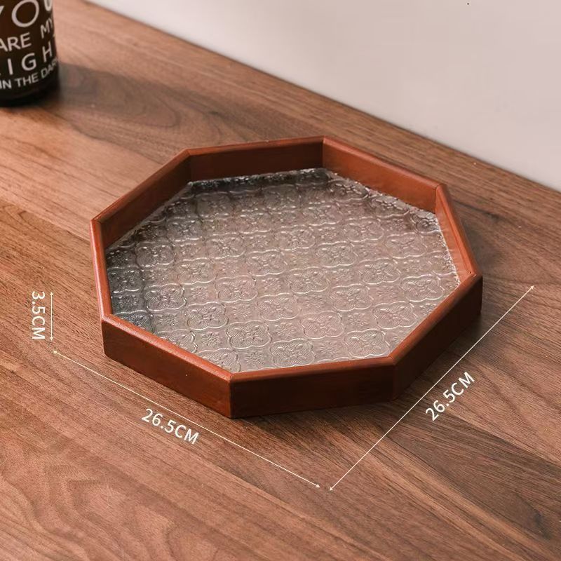 Luz de lujo retro bandeja octagonal sala de estar mesa de vidrio platos de taza de madera para el hogar bandeja de té