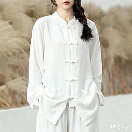 新款中式棉麻唐装上衣宽松大码复古练功服民族风太极服上装女长袖