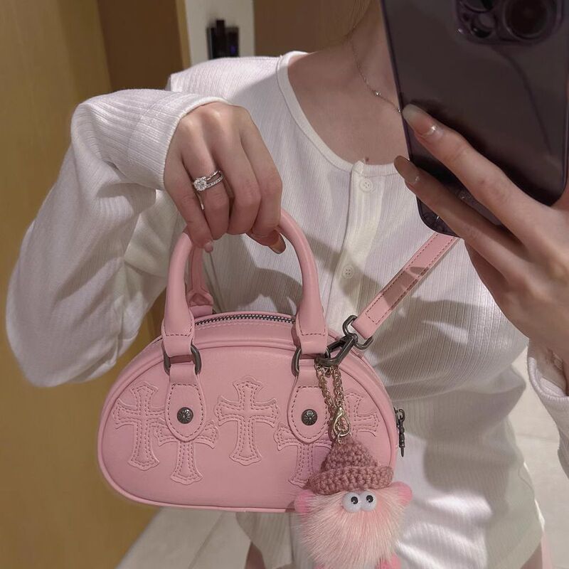 2023 Spring and Autumn Pink Bowling Niche Handbag Mini Bag Crossbody Small Bag Women's Bag European and American Retro