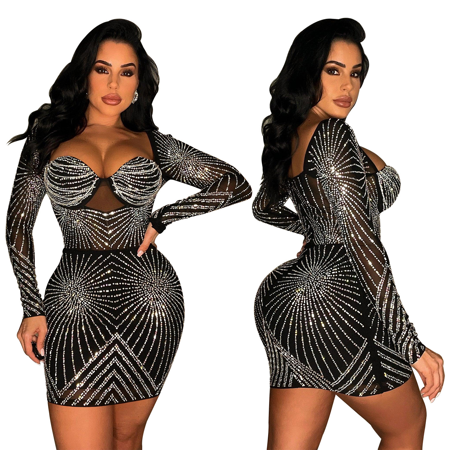 392g Weight Above Knee Dress Length Type Long Sleeve Sleeve Length Party Dress Dresses Type Regular Sleeve Sleeve Type Spandex, Polyester Fabric Type Mid Waist Waist Line Daily Occasion V Neck Neckline Regular Fit Fit Type Solid Color Pattern Summer, Spring, Autumn Season Women's Gender Diamond Design Elegant Style Wholesale Women's Elegant Diamond Solid Color Daily V Neck Long Sleeve Party Dress 13