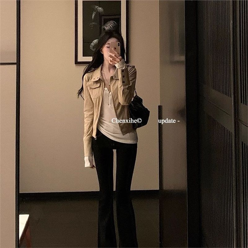何晨曦 美式复古牛皮绒短款夹克外套女春秋韩版休闲百搭长袖上衣|undefined