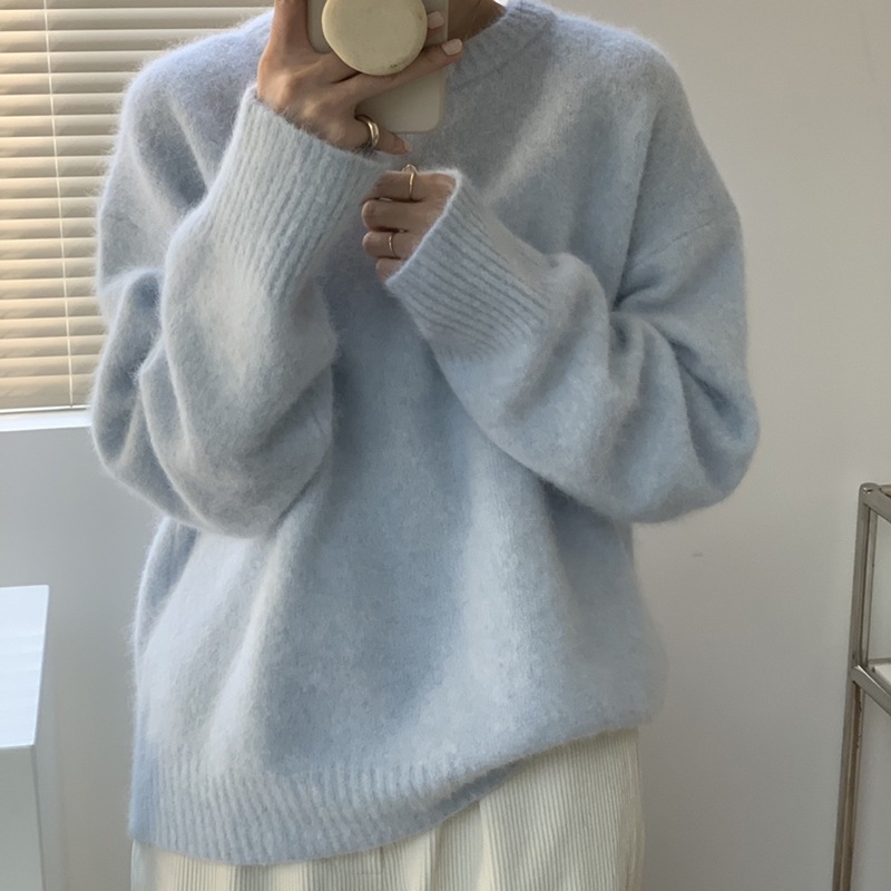 温柔浣熊绒圆领毛衣女宽松外穿秋冬慵懒风套头蓝色软糯打底针织衫|undefined