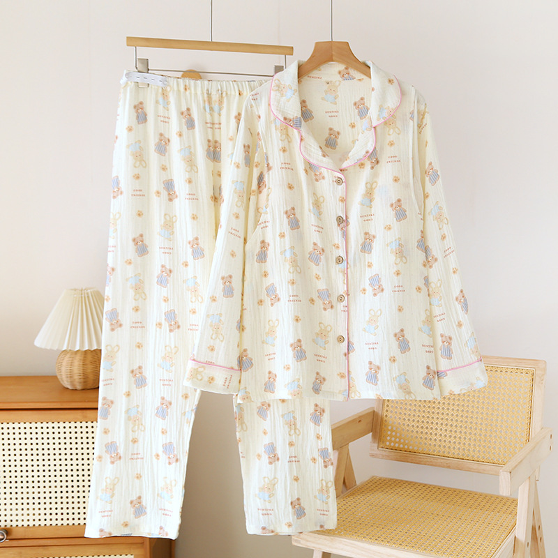 With Chest Pad Moon Clothing Cotton Pregnant Women's Pajamas Spring and Autumn Postpartum Breastfeeding Long Sleeve Loose Sweat-absorbent Home Clothing suit