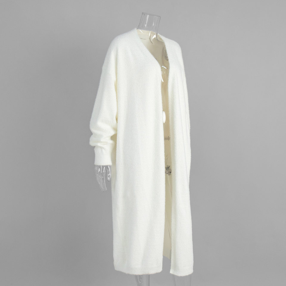 Áo cardigan len lông mềm dáng dài rộng cổ chữ V tay dài — hồng, màu xám, quần kaki chi tiết 5