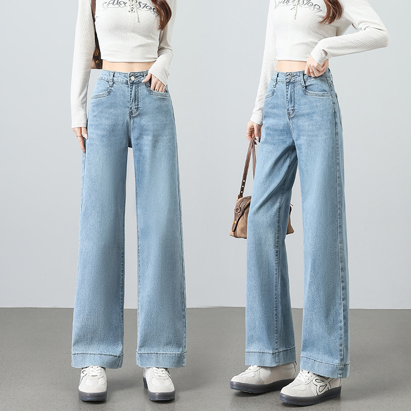 Light Blue Narrow Wide-Leg Jeans for Women, 2026 New Spring High-Waisted Loose Slimming Cropped Straight Pants for Petite Figures